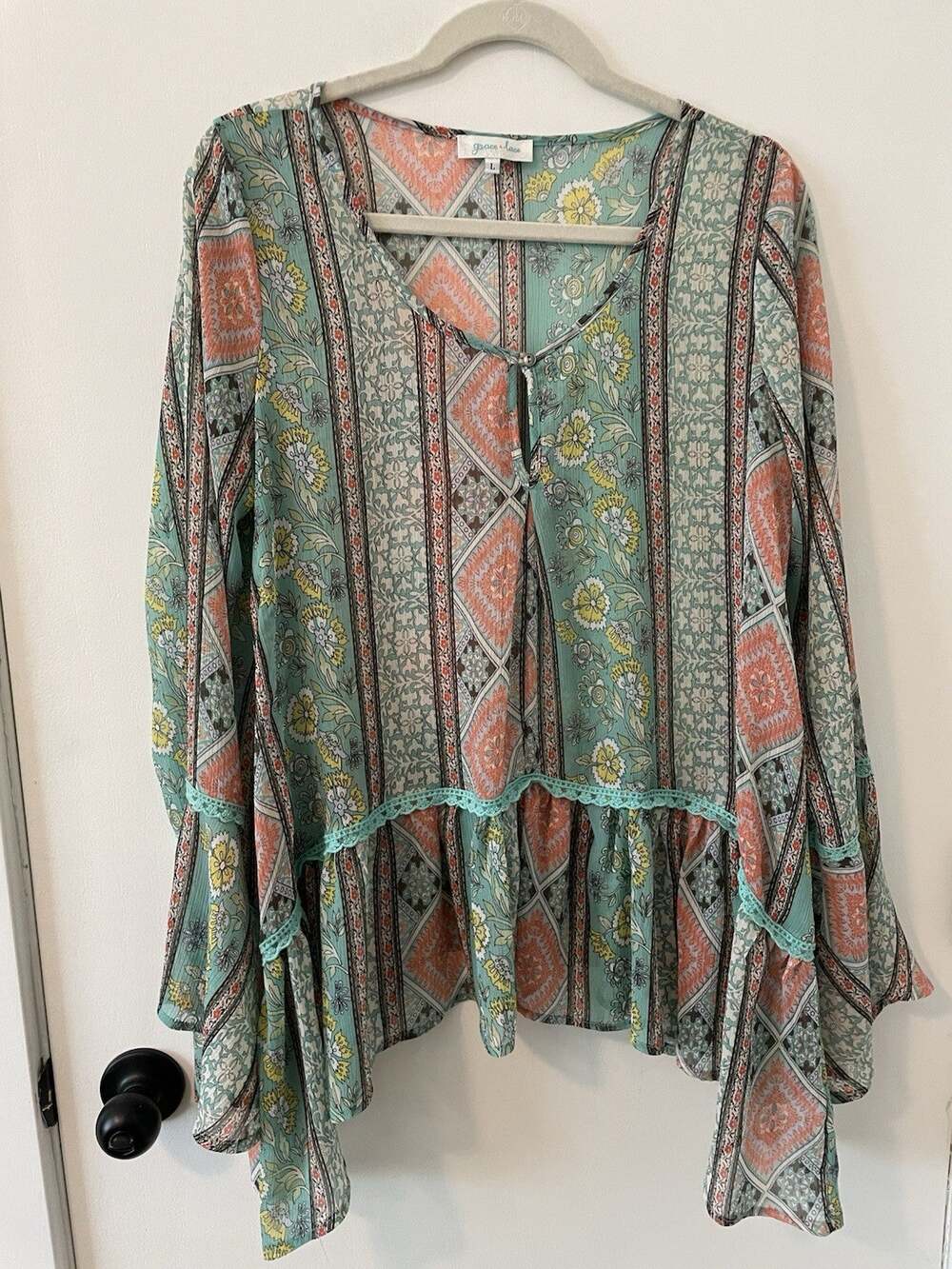 Grace & Lou Sheer Bobo Frilly Tunic Top Bell Sleeves Size Large 0088